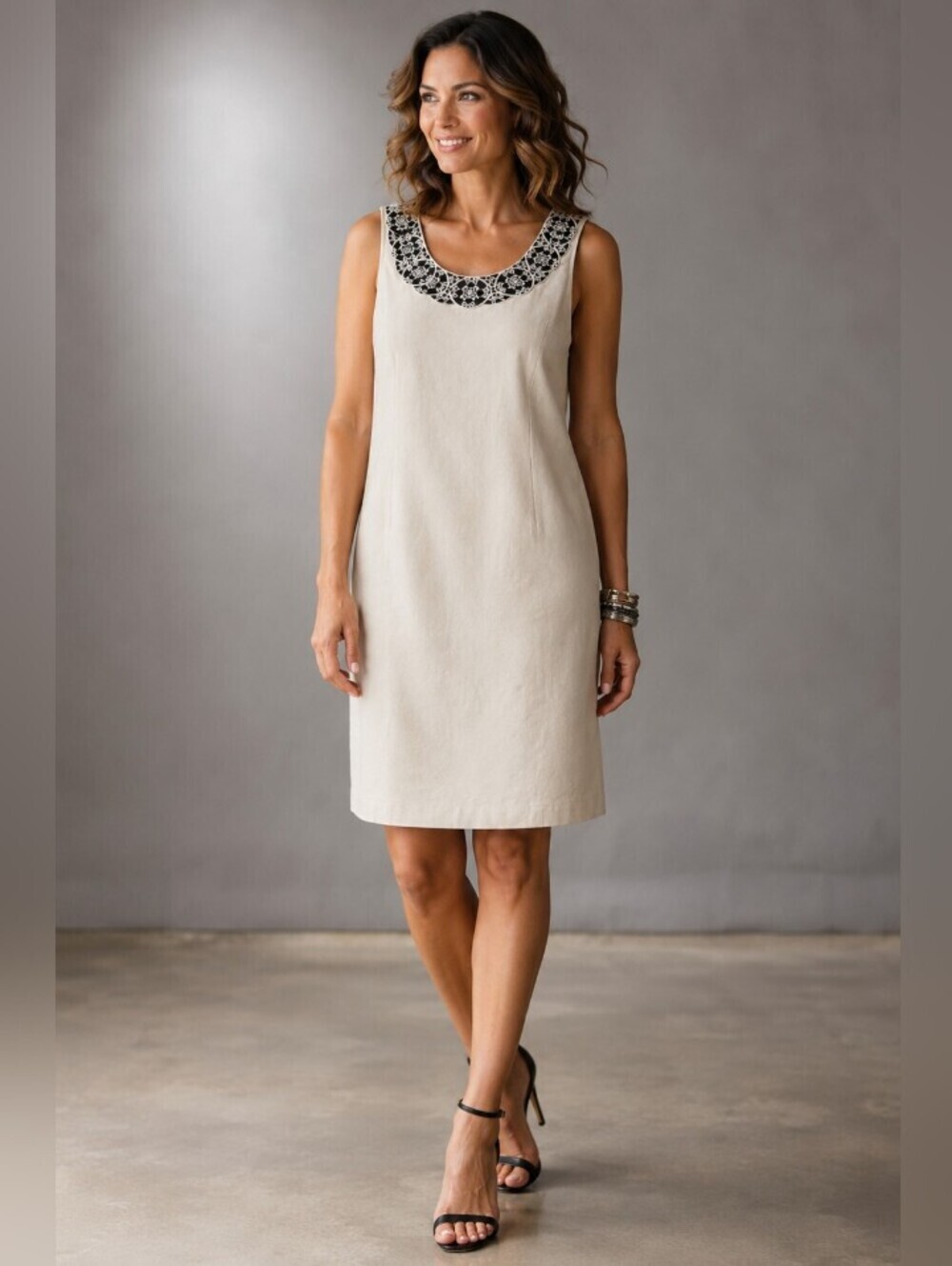 212 collection Linen Blend Dress with Embroidered Neckline